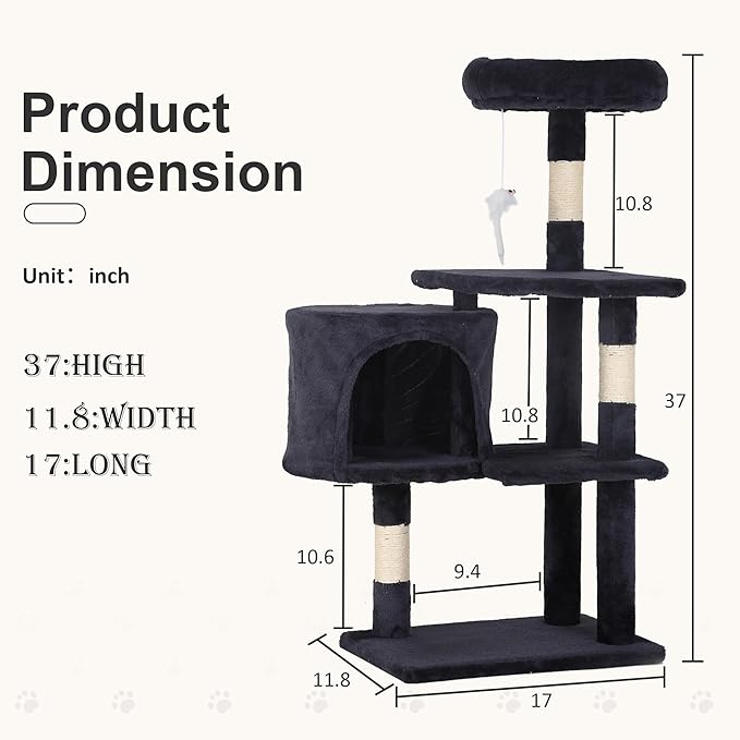 36" Multi-Level Cat Tree Tower with Scratching Posts, Toys & Condo - Space-Saving Design for Indoor Kittens, Compact Floor Footprint & Vertical Space for Multi-Cat Homes-Dark Grey