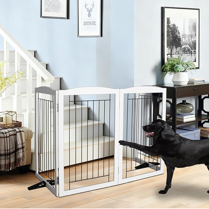 ZJSF Freestanding Dog Fence Indoor, Foldable Dog Gate for Doorways, Stairs or Hallways, Sturdy Wood Extra Wide Pet Gate with Support Feet for The House, White, 32 "Height-2 Panels