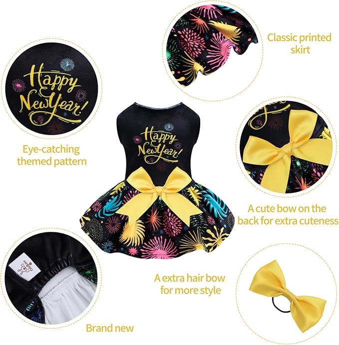 CuteBone Happy New Year Dog Dresses Velvet Holiday Small Dogs Clothes Onesie Pet Apparel Girl Puppy Skirt with Bow Hair Rope CVA56L-D