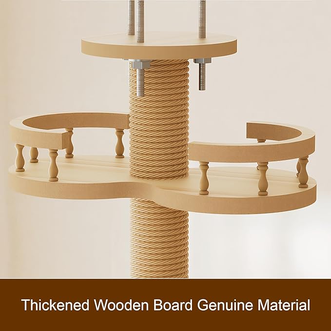 Floor-to-Ceiling Cat Tree with Scratching Posts, 98-110 Inch Adjustable Height, Natural Wood, MDF, Floor Mount