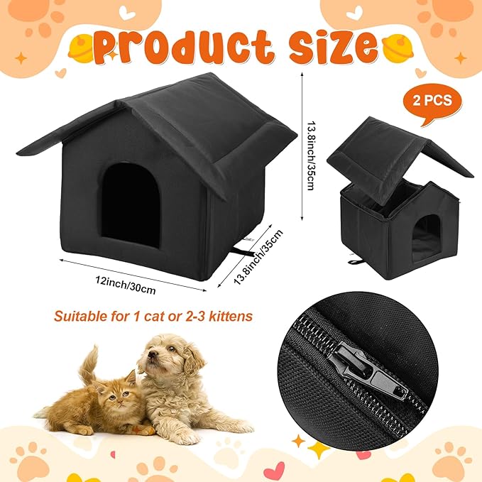 2Pcs Black Cat Houses for Outdoor Stray Cats Shelter Weatherproof Outdoor Cat House Indoor Foldable Warm Pet Cave for Feral Cat Dog Winter Wild Animal