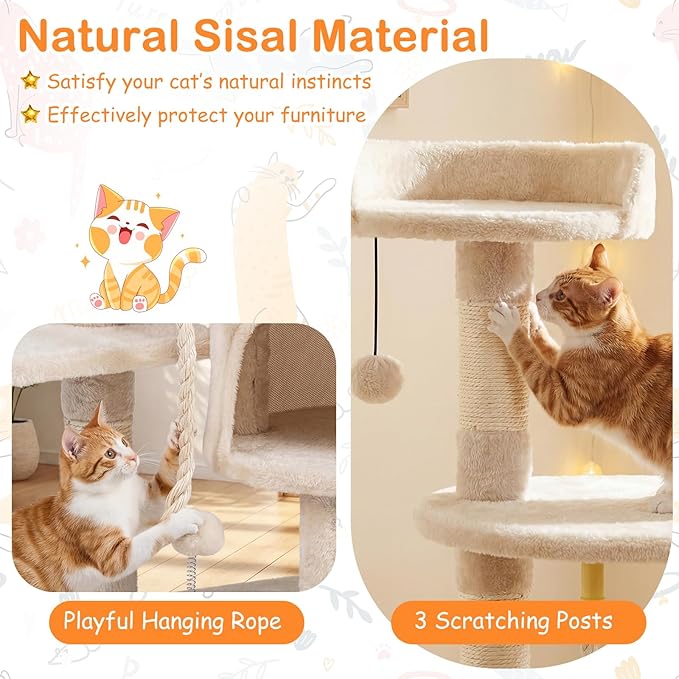 Tangkula 36 Inch Cat Tree Tower, Multi-Level Cat Tower with Condo, Top Perch, Sisal Scratching Posts & Hanging Rope, Spring & Hanging Balls, Climbing Platforms for Indoor Cats and Kittens (Beige)