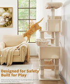 AMHANCIBLE Cat Tree, 70 Inch Cat Tower for Indoor Cats, Multi-Level Cat Tree with Scratching Post, Hammock, Hanging Basket, Large Cat Condos for Adult Cats Kittens, Beige, PT18BG
