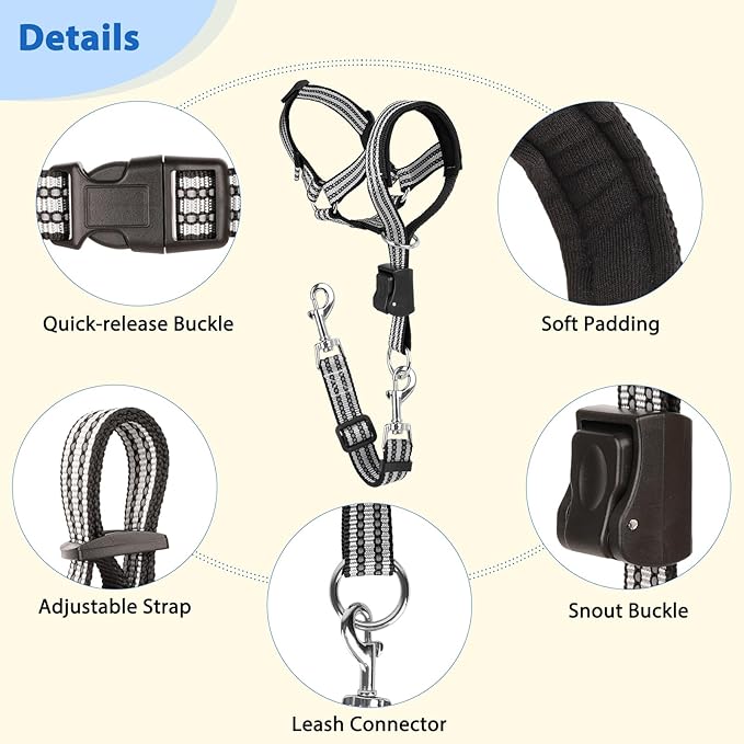 BARKLESS No Pull Dog Head Collar for Gentle Training Walking, Soft Padded Head Halter with Collar Safety Clip, Comfortable Fit Muzzle Leash with Reflective Strap for Medium Large Dog (Grey, M)