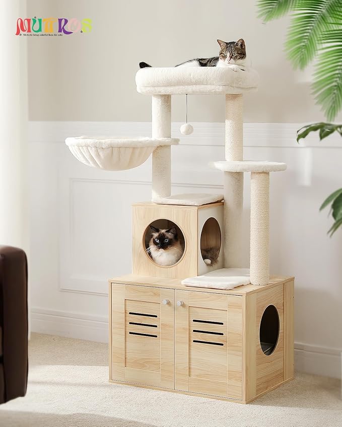 Cat Tree with Litter Box Enclosure, 50" Modern Cat Tree for Large/Fat Cats with Cat Condo, Wooden Cat Furniture with Large Hammock and Top Perch, Beige