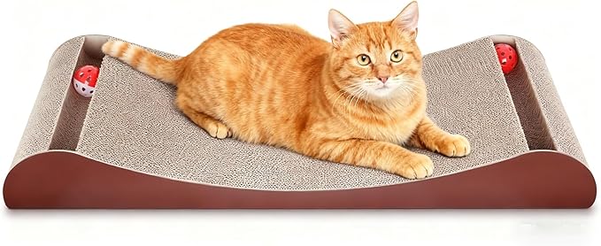FluffyDream Cat Scratcher Cardboard, Scratching Pad House Bed Furniture Protector, Infinity Shape, Curved (Brown, Bone + Bell)