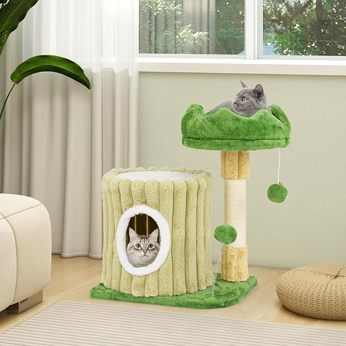 Tangkula Small Cat Tree, Green Cat Tower with Private Cat Condo, Plush Top Perch, Hanging Pompom & Spring Toy, Sisal Scratching Post, Cute Cat Climbing Tree for Indoor Cats