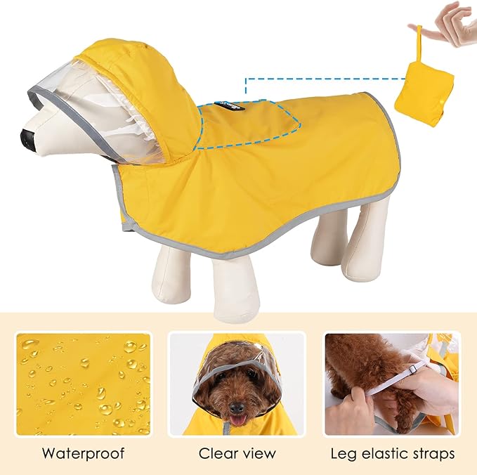 SlowTon Dog Raincoat, Adjustable Dog Rain Jacket Clear Hooded Double Layer, Waterproof Poncho with Reflective Strip Straps and Storage Pocket for Small Medium Large Dogs(XS)
