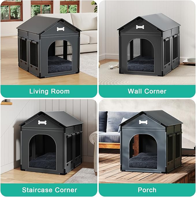 Dog House Indoor Dog Kennel Bed Mat with Cushion for Small Medium Large Dogs Cats, Winter Warm Cat Nest Puppy Cave Sofa Pet Products Easy Assembly (Grey, X-L: 33.9" L x 26.8" W x 33.9" H)