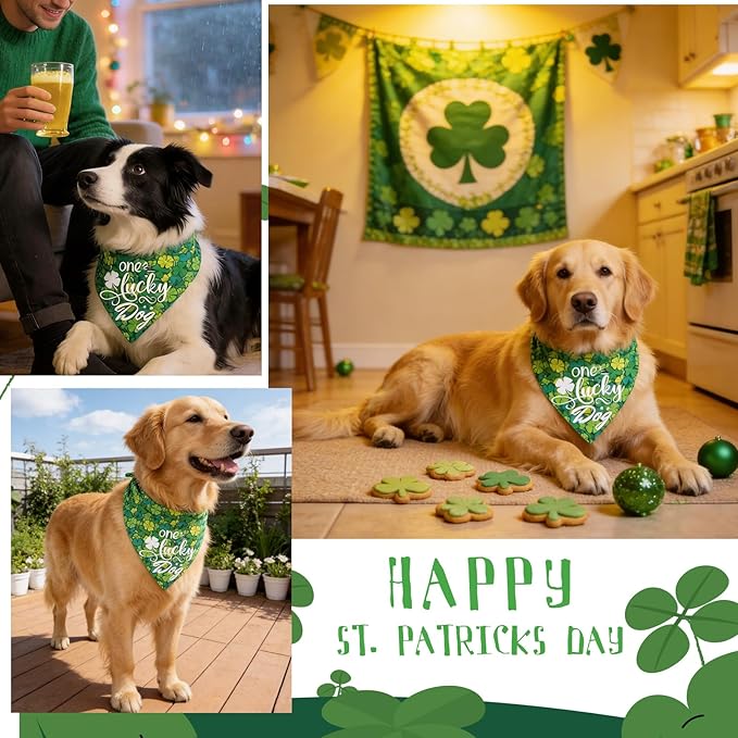 Dog Bandana for St. Patricks Day 2-in-1 Reversible - One Lucky Dog & 4-Leaf Clover Design, Pet Scarf with Snap Button Cute Lucky Holiday Costumes, Medium & Large Breeds (30-75lbs)