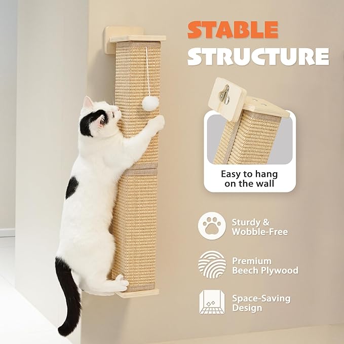 PETKARAY Wall Mounted Cat Scratcher, 30" Large Sisal Cat Scratcher for Wall, Square Sisal Cat Scratching Post with Toy Ball