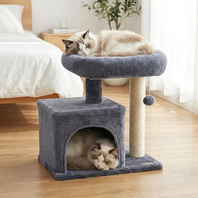PETSITE 19.5-inch Small Cat Tree, with Sisal Scratching Post, Interactive Hanging Ball, Comfy Condo, and Spacious Top Perch, Ideal for Indoor Cats and Kittens (Dark Grey)