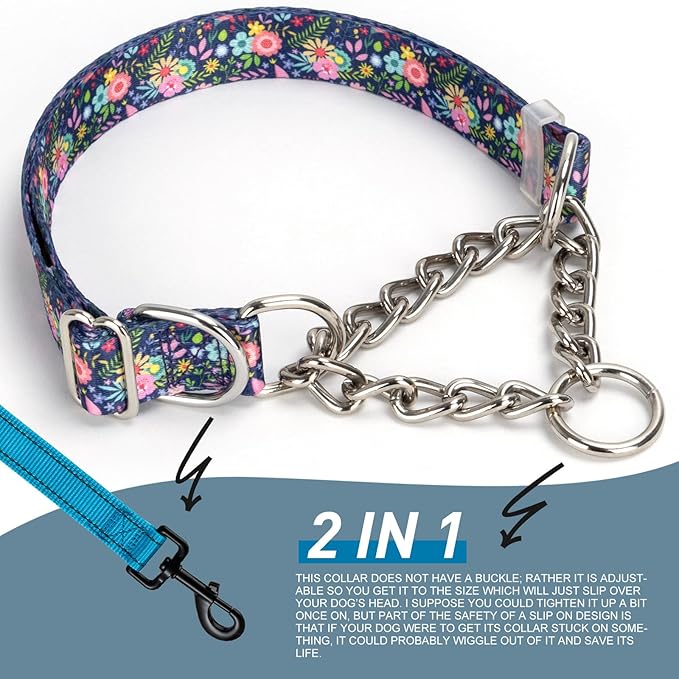 Martingale Collar for Dogs with Chain,Adjustable Nylon Floral Slip No Pull Training Dog Collars for Medium, Large & XL Dogs(Floral XL)