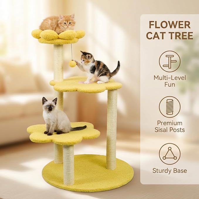 Cat Tree for Large Cats, Modern Senior Friendly 40'' Cat Tower with Wide Shelves, Scratching Posts, Super Sturdy Base, Cozy Perches, and Interactive Toys for Indoor Kittens (Yellow)