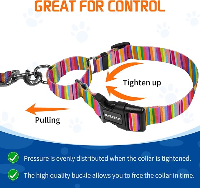 Kazazoo Martingale Collar for Dogs with Quick Release Buckle Adjustable Soft Durable Dog Collar for Small Medium Large No Pull Training Dog Collars-Rainbow L