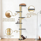 PAWSCRAT Wall-Mounted Cat Tree, 5 Tier Floor to Ceiling Cats Tower, 80 Inch Wall-Mounted Cat Scratching Post, Space Saving Cat Furniture and Easliy Climb for All Cats, Darkgery