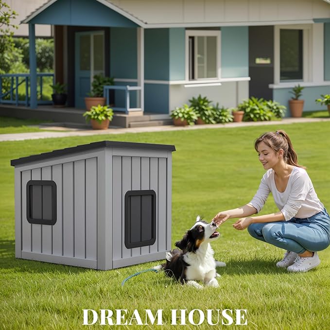 DRATO Outdoor Dog House Indoor and Outdoor with Sloped Roof Resin Material Weatherproof Roof Removable Floors for Small to Middle Sized Dogs Easy to Assemble (Gray, 24.65 * 21.5 * 22.21)