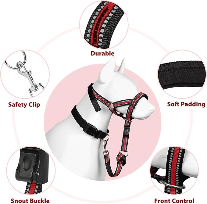 BARKLESS Soft Dog Head Collar, Patented Padded No Pull Head Halter, Training Nose Leash with Safety Link for Medium Large Dogs, Adjustable Muzzle Leash, Easy Control for Walking (L, Red)