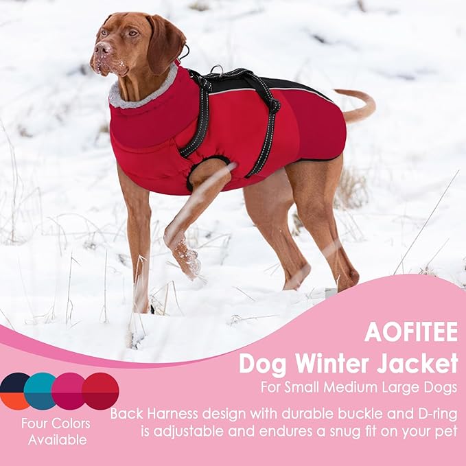 AOFITEE Small Dog Coat, Waterproof Dog Winter Jacket with Harness Built in, Warm Fleece Lined Dogs Jacket for Cold Weather, Reflective Pet Snow Jackets with Zipper for Yorkshire, Schnauzer,Red S