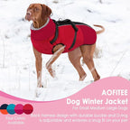 AOFITEE Dog Coat, Warm Dog Jacket with Harness Built-in, Waterproof Medium Dogs Cold Weather Coat with Zipper, Reflective Fleece Lined Pet Snow Jackets for Pug, Jack Russell, Boston Terrier, Red M