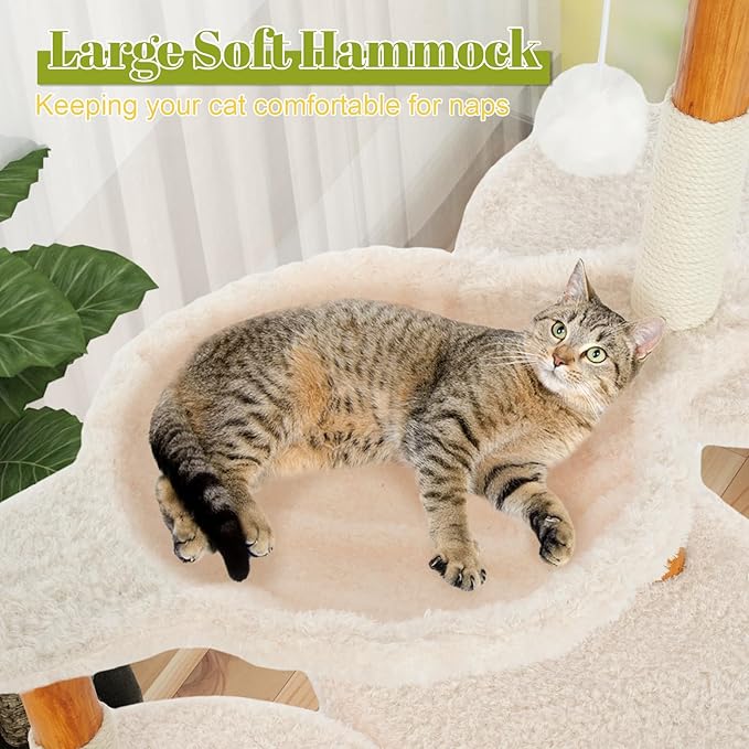 Cute Cat Tree Tower for Indoor Cats Adult, Wood Flower Cat Trees with Cat Hammock, Modern Cat Tree Tower with Scratching Post, Aesthetic Luxury Cats Condo for Cats Kitten(Alpine White)