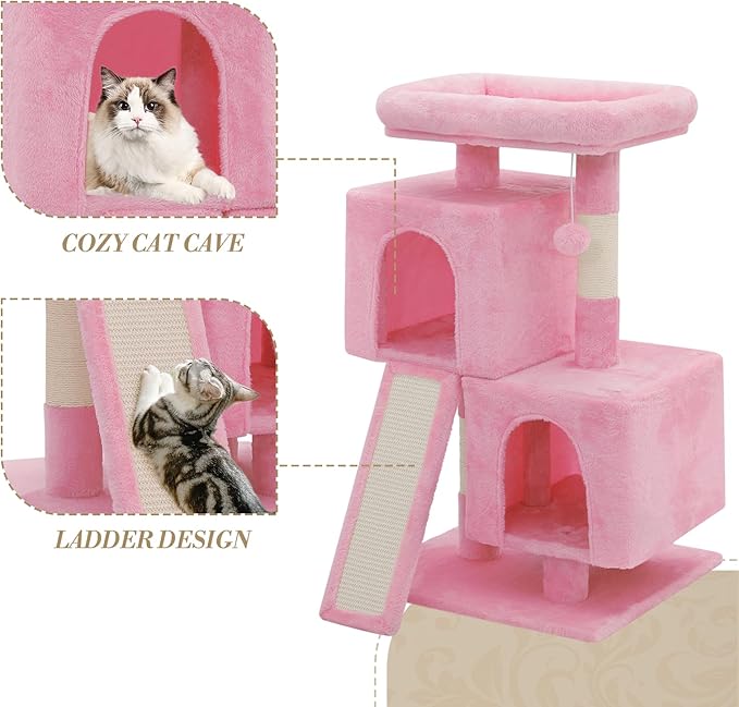 Athena Collection Small Cat Tree, Modern 34 Inch Cute Cat Tree Tower with Scratching Post 2 Condo Activity Platform and Playing Ball for Indoor, Pink