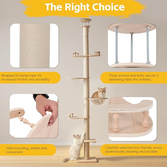 Floor to Ceiling Cat Tree 110-118 Inches Adjustable, Tall Cat Tower with 6 Sisal Scratching Posts & Triple Bolt Lock, Multi-Level Cat Activity Center for Large Indoor Cats