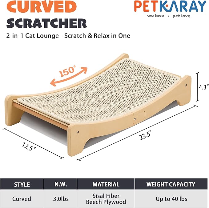 PETKARAY Sisal Cat Scratching Board, Curved Sisal Cat Scratcher, Large Indoor Kitty Scratch Pad, Heavy Duty Arc Lounge Bed for Kitten