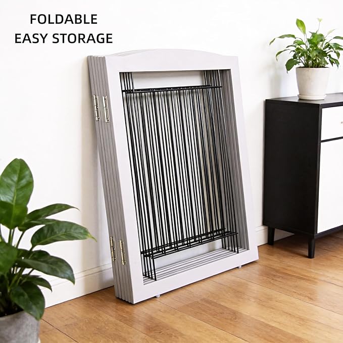 ZJSF Freestanding Dog Fence Indoor, Foldable Dog Gate for Doorways, Stairs or Hallways, Sturdy Wood Extra Wide Pet Gate with Support Feet for The House, Grey, 24 "Height-6 Panels
