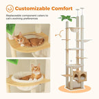 PETEPELA Floor to Ceiling Cat Tree,93.3''-100.8'' Height Adjustable Wooden Cat Tower, Tall Modern Climbing Tree with Large Hammock, Soft Perch and Scratching Post for Indoor Cats Large Adult, Beige