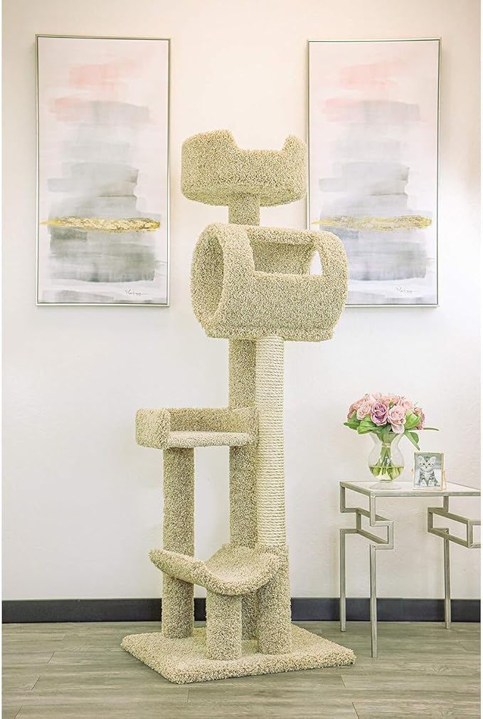 Maykoosh Southwestern Sanctuary Multi-Level Cat Cat Climbing Tower Cat Tree, Solid Wood and Carpet Construction, Modern Cat Tree with Scratch Post and Sturdy Base Beige/20 L x 24" W x 69" H