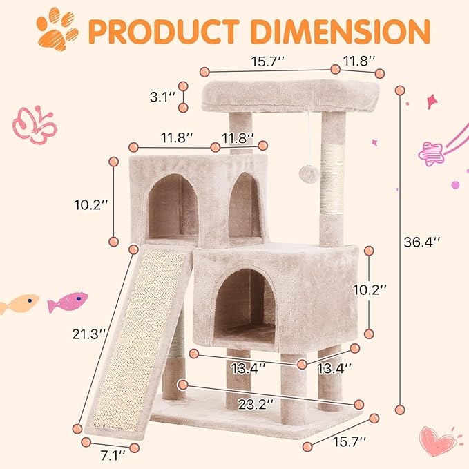 Cat Tree 36-Inch Cat Tower with Scratching Post Multi-Level Cats Condo with Ramp,Large Perch,Dangling Ball,Pet Play Tower for Kittens & Adult Cats(Beige)