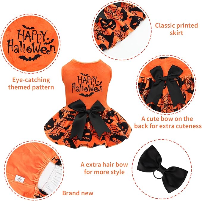 CuteBone Halloween Dog Dresses Velvet Holiday Small Dogs Clothes Onesie Pet Apparel Girl Puppy Skirt with Bow Hair Rope CVA57L-D