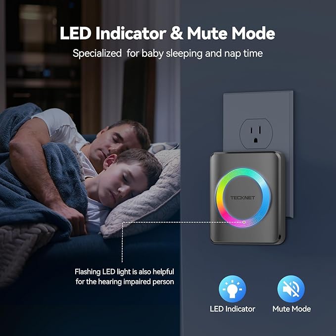 TECKNET Wireless Doorbell with 2 Buttons & 1 Receiver, IP65 Waterproof Doorbells for home, 1300ft Operating Range, 60 Melodies & 5 Volume Levels of 0-120 dB, RGB Light for Hearing Impaired