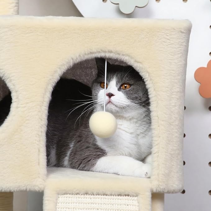 41″ Cat Tree for Indoor Cats Furniture, Cat Tower with Scratching Board, Modern Activity House for Large Cats, Condo with Ball Toys, Kittens Cave, Cat's nest, Beige White