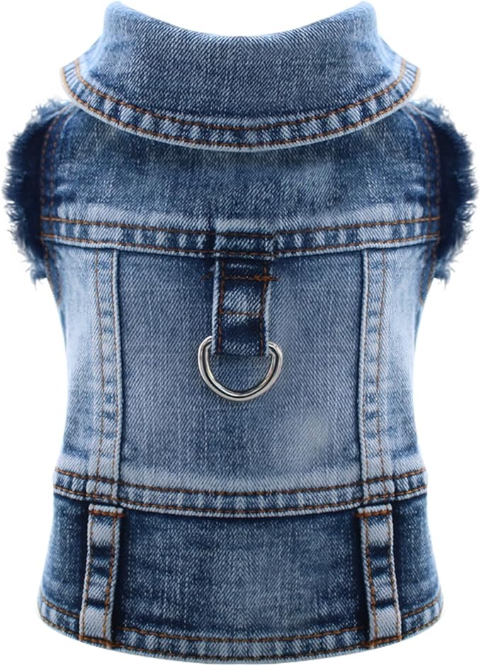 Cool Dog Jean Jacket Vest with D-Ring Blue Denim Dogs Outfits for Small Medium Dogs Cats Boy Male Dog Clothes Costume Dogggie Puppy Harness Coat for Frenchie Walking(Blue with D-Ring,L)
