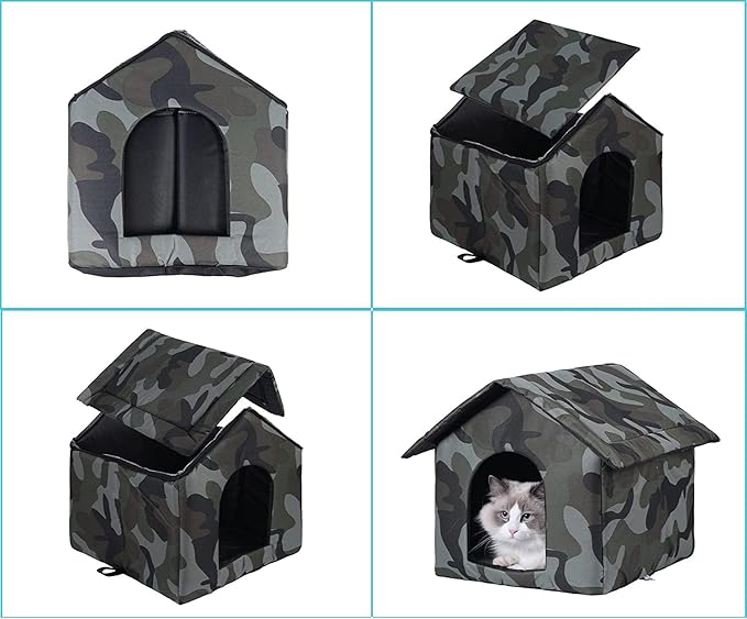 Cat Houses for Outdoor Cats Outdoor Houses for Feral Cats House with Weatherproof Canvas Roof Stray Shelter (Medium cat Houses, Green cat House)