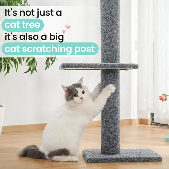 Max & Marlow Cat Tree Floor to Ceiling Cat Tower Height 95-108" Adjustable Kitten Tree Tall Climbing Tree with Carpet Scratching Post and Mat Cat Pole for Indoor Cats,Light Grey