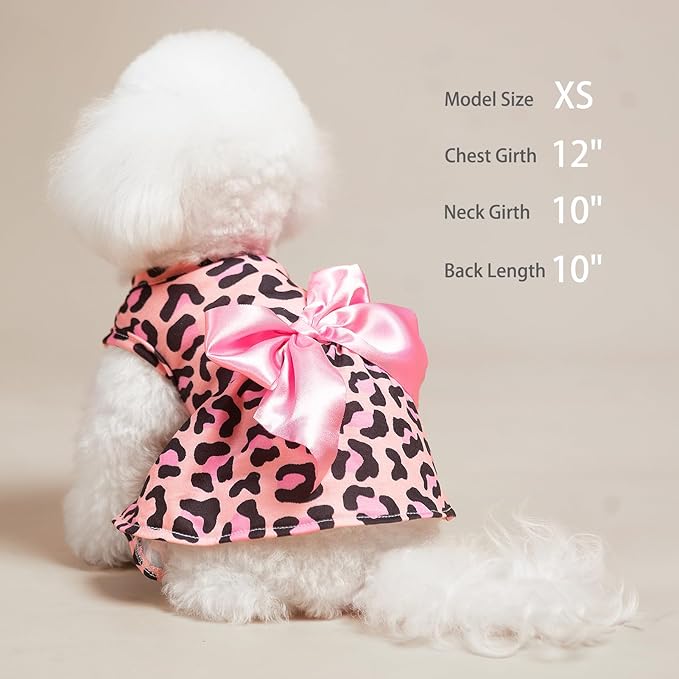 PUPTECK Print Dog Dress Pet Apparel with Cute Bowtie Puppy Clothes Outfit, Leopard Print, XS