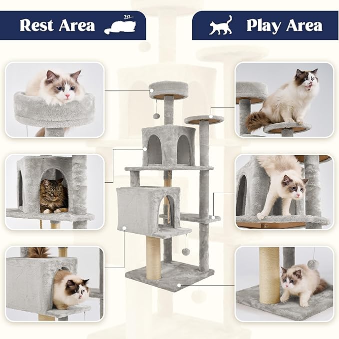 58" Cat Tree Large Cat Tower Condo w/Multi-Level Scratching Post for All Indoor Cats (Light Grey)
