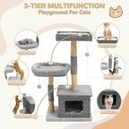 Modern Cat Tree for Indoor Cats - Multi-Level Wooden Tower with Scratching Posts, Large Jumping Platforms, Hanging Toy - Modern Luxury Cat Furniture for Indoor Cats-Grey