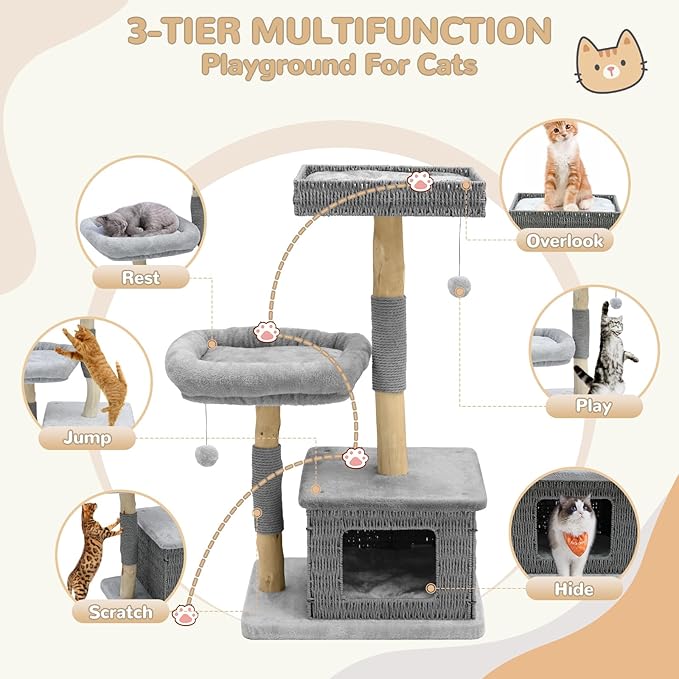 Modern Cat Tree for Indoor Cats - Multi-Level Wooden Tower with Scratching Posts, Large Jumping Platforms, Hanging Toy - Modern Luxury Cat Furniture for Indoor Cats-Grey
