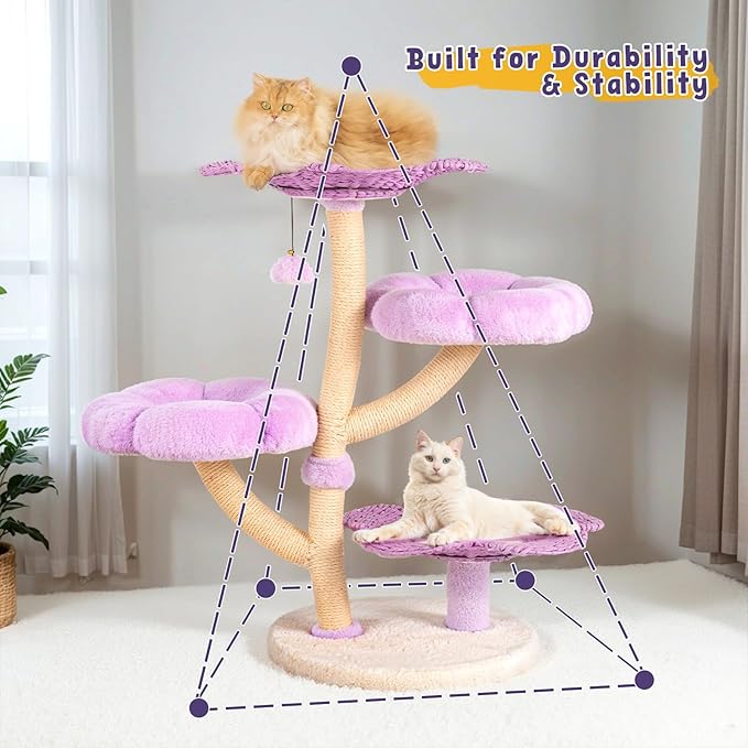 Happy & Polly 35.4 inch Woven Blossom Cat Tree, Fleece Floral Cat Tower with Sisal Scratching Post for Indoor Cats