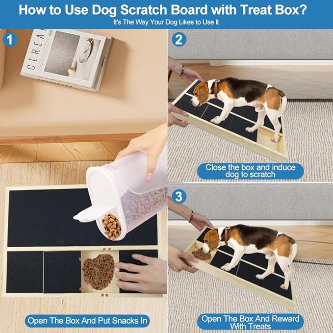 Dog Nail Scratch Pad with Treat Box, Jaxbo Durable Portable Dog Scratch Filing Pad for All Dogs, Wooden Cat Nail Scraper Board for Indoor/Outdoor Training