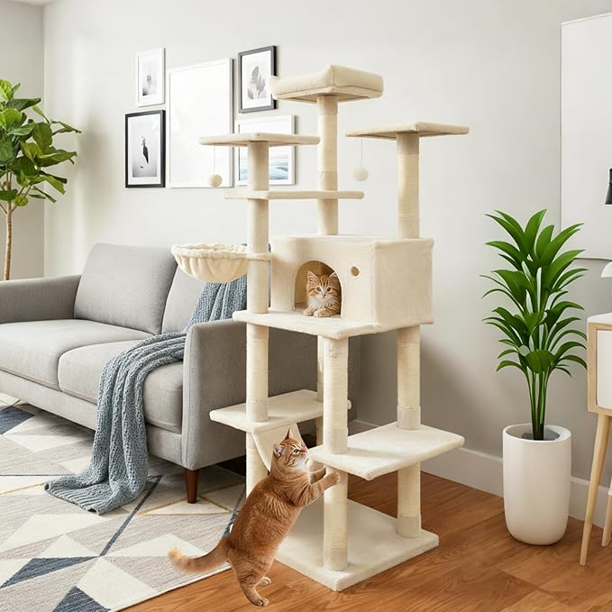 Tangkula Tall Cat Tree, 63 Inch Large Cat Tower with Sisal Scratching Posts, Plush Top Perch, Condo, Hammock, Basket Bed, Dangling Balls & Jumping Platforms for Indoor Cats Large Adult (Beige)