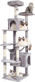 Cat Tree, 72in 8-Level Cat Tower with Sisal Scratching Post, Soft Top Platfomm, Basket, 2 Hidden Cat Condo, Balls, Space Saving Cat Condo, Indoor Pet Play House for 5 Cats, Light Grey