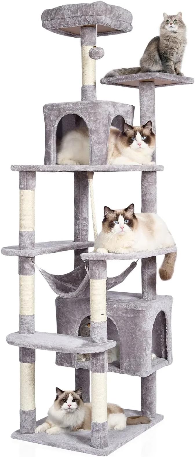 Cat Tree, 72in 8-Level Cat Tower with Sisal Scratching Post, Soft Top Platfomm, Basket, 2 Hidden Cat Condo, Balls, Space Saving Cat Condo, Indoor Pet Play House for 5 Cats, Light Grey