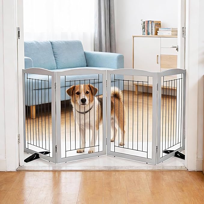 Dog Fence Indoor,Dog Gate Indoor for Doorway pet gate -4-Panel Freestanding, Hallways, House or Stairs -80x32-Inch Retractable Foldable Expandable Wood Pet by SFJC (Grey) ﻿