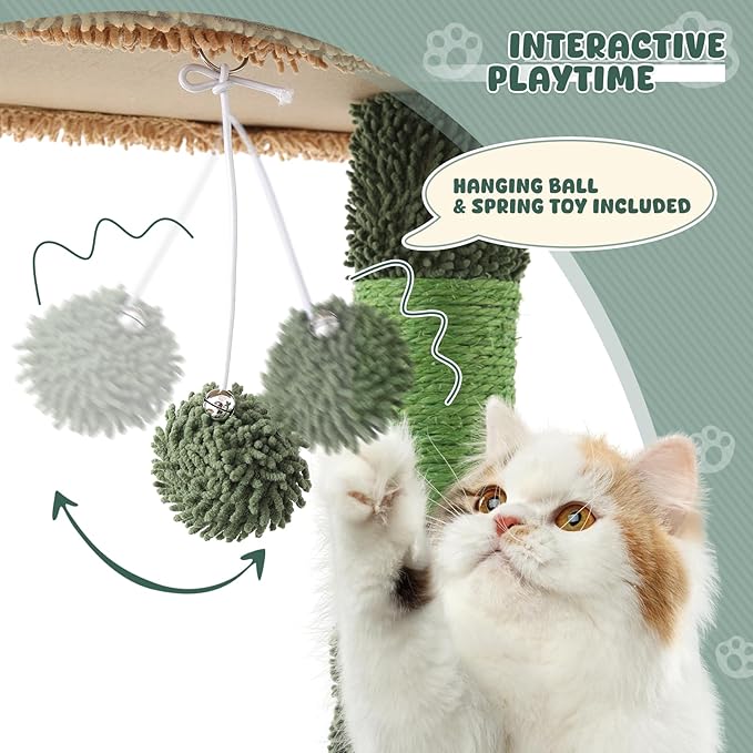 Magshion 42" Cactus Cat Tree for Indoor Cats, Multi-Level Cat Tower with Condo, Scratching Post, Ramp, Perch, Basket & Toys, Compact Cat Climbing Tree for Kittens & Small Cats, Green