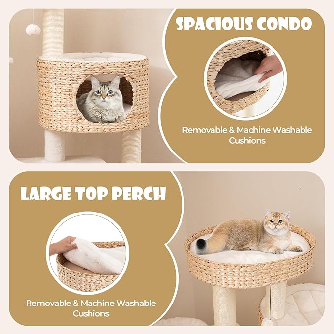 PETSITE 50 inch Cattail Cat Tree Tower, Multi-Level Cat Tower with Sisal Scratching Posts, Condo, Side Basket, Ladder, and Top Perch with Removable Soft Cushion, Modern Cat Tree for Indoor Cats